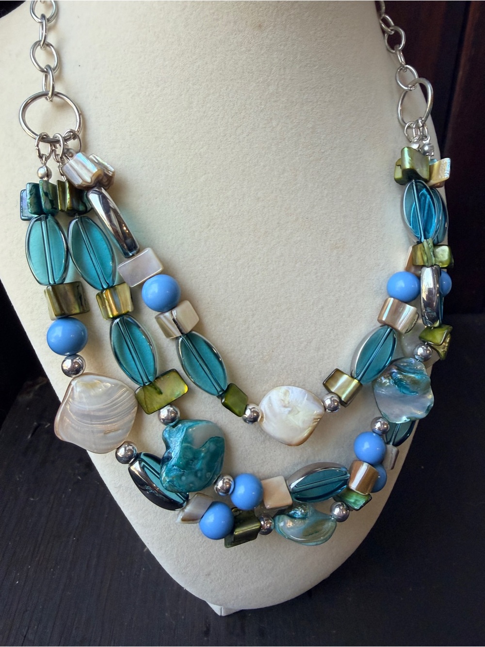 Multi-Strand Blue & Green Beaded Statement Necklace